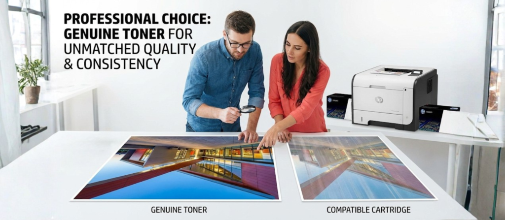 Professionals choosing genuine toner cartridges for high-quality printing